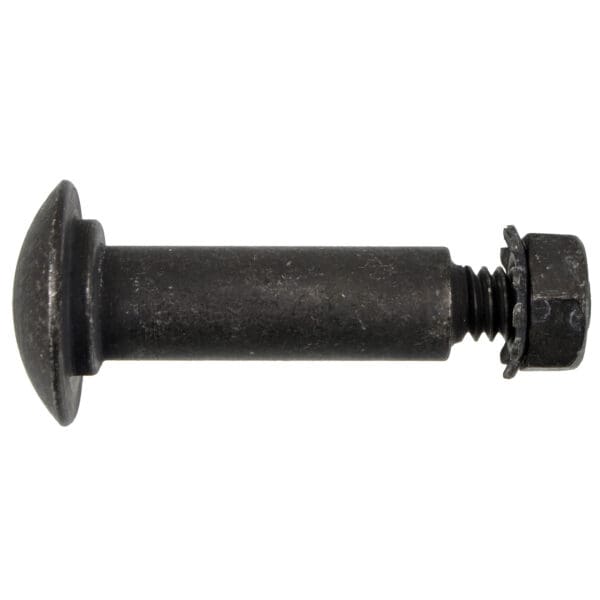 A black metal nut and bolt on top of a white background.