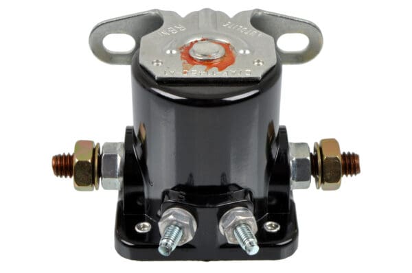 A black and silver car solenoid with two terminals.