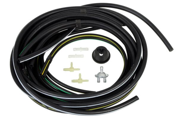 A black hose with a yellow line and two green lines.