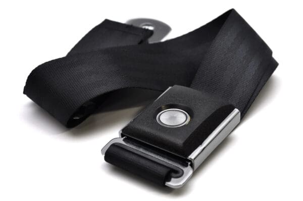 A black seat belt with an open buckle.