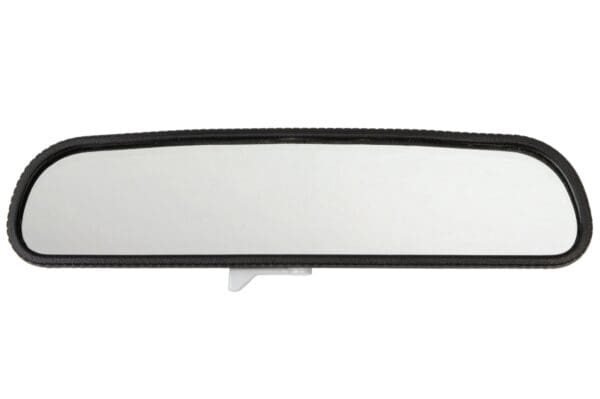 A rear view mirror is shown with the reflection of a car.