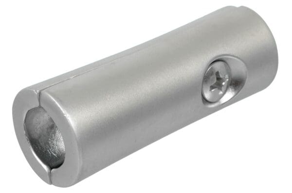 A silver metal tube with two holes in it.