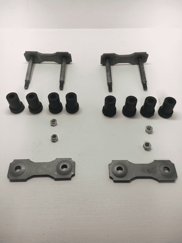 A pair of metal parts with black rubber and nuts.