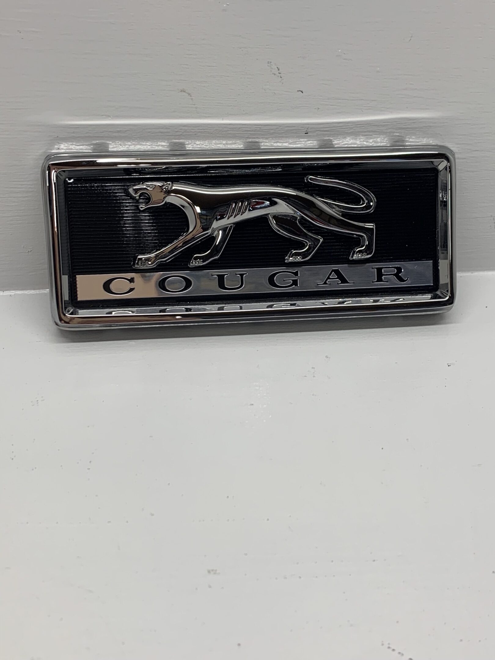 A black and silver cougar emblem on the side of a car.