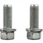 A pair of bolts with nuts and washers.