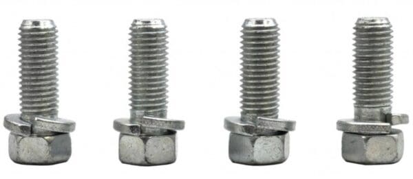 A pair of bolts with nuts and washers.