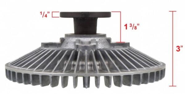 A fan clutch is shown with measurements.